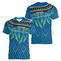 Aotearoa Maori Ngati Kahungunu Iwi Paua Blue Women V-Neck T-Shirt Korowai Tukutuku Kaokao Motifs