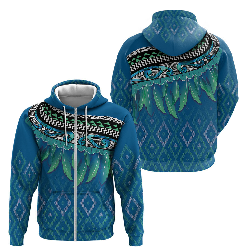 Aotearoa Maori Ngati Kahungunu Iwi Paua Blue Zip Hoodie Korowai Tukutuku Kaokao Motifs