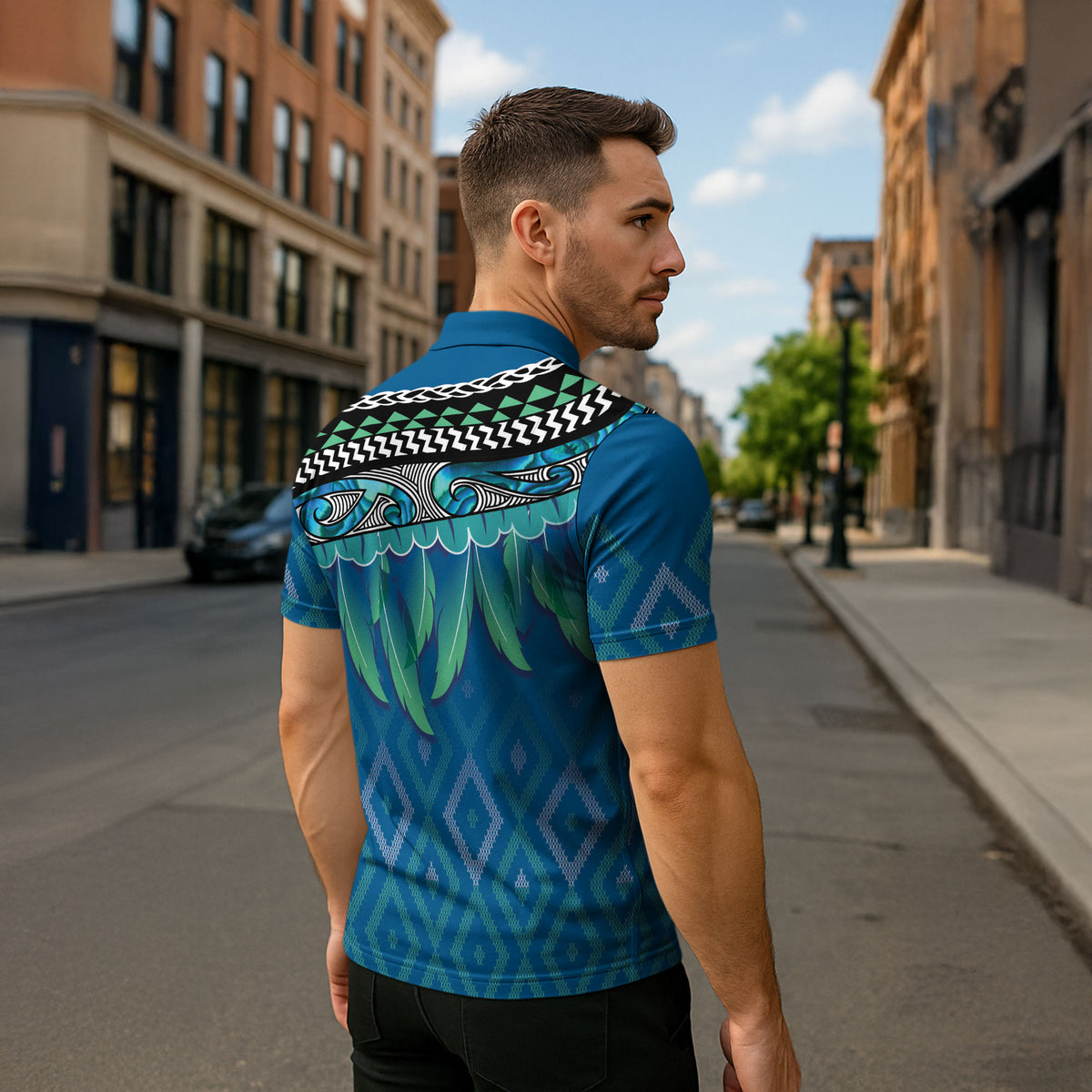 Aotearoa Maori Ngati Kahungunu Iwi Paua Blue Zipper Polo Shirt Korowai Tukutuku Kaokao Motifs