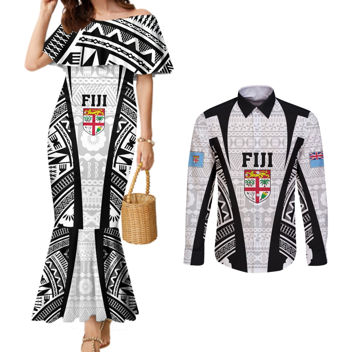 Personalised Fiji Rugby Couples Matching Mermaid Dress and Long Sleeve Button Shirts 2023 World Cup History Makers - White Ver LT7 White - Polynesian Pride