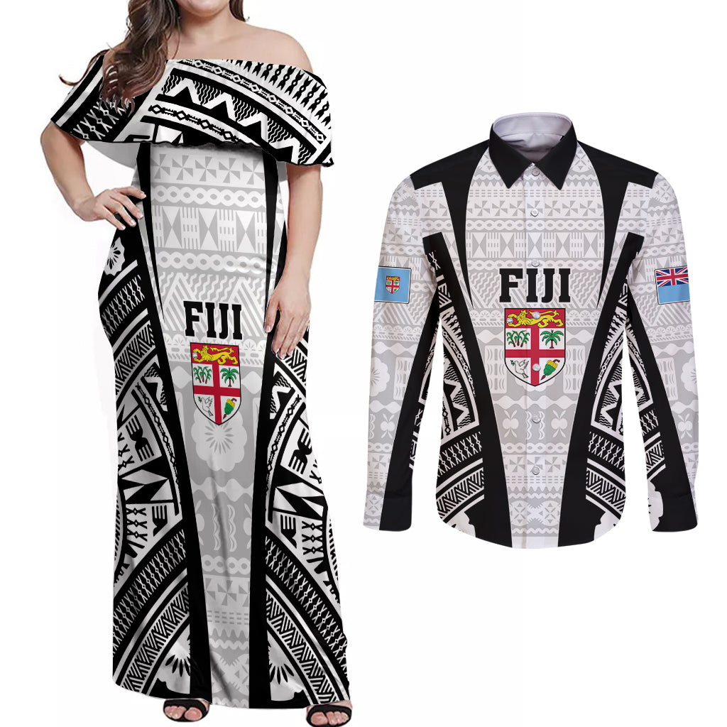 Personalised Fiji Rugby Couples Matching Off Shoulder Maxi Dress and Long Sleeve Button Shirts 2023 World Cup History Makers - White Ver LT7 White - Polynesian Pride