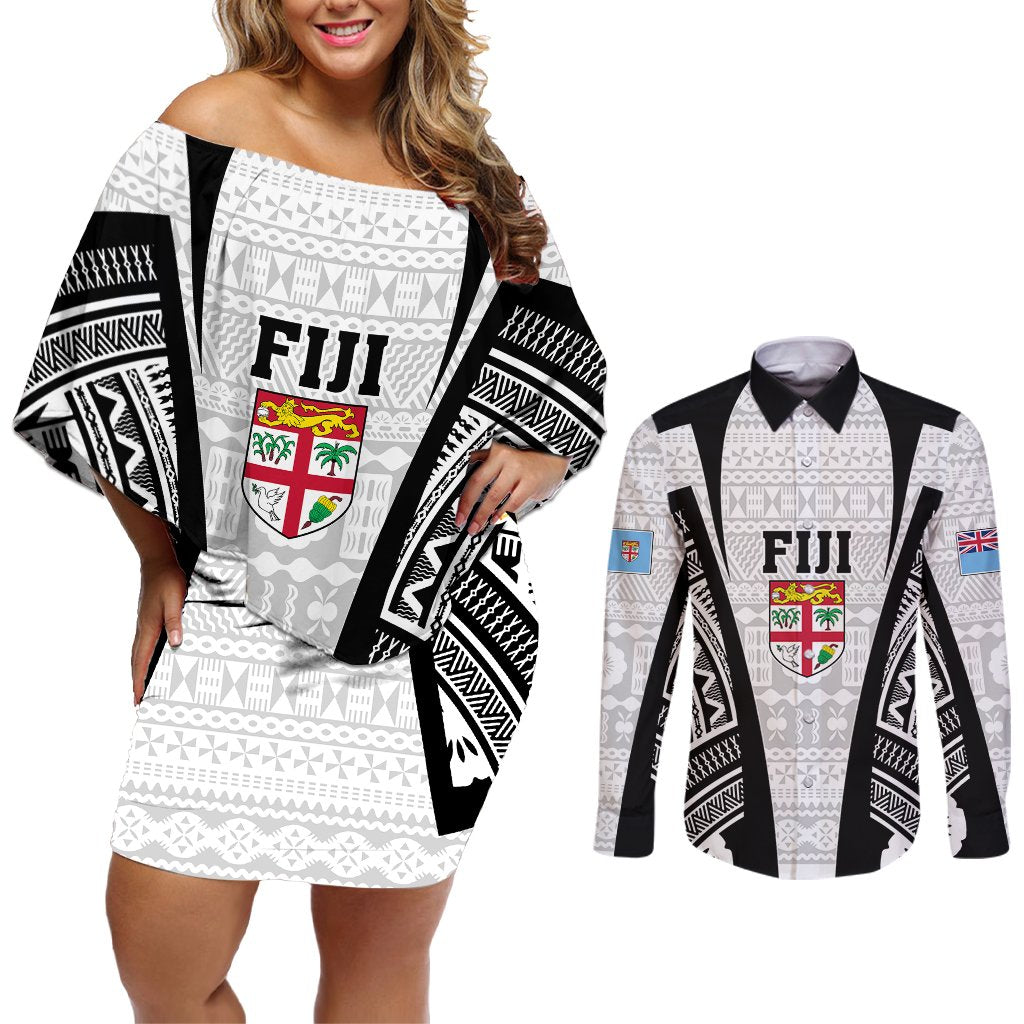 Personalised Fiji Rugby Couples Matching Off Shoulder Short Dress and Long Sleeve Button Shirts 2023 World Cup History Makers - White Ver LT7 White - Polynesian Pride