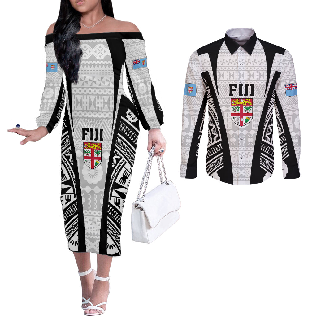 Personalised Fiji Rugby Couples Matching Off The Shoulder Long Sleeve Dress and Long Sleeve Button Shirts 2023 World Cup History Makers - White Ver LT7 White - Polynesian Pride
