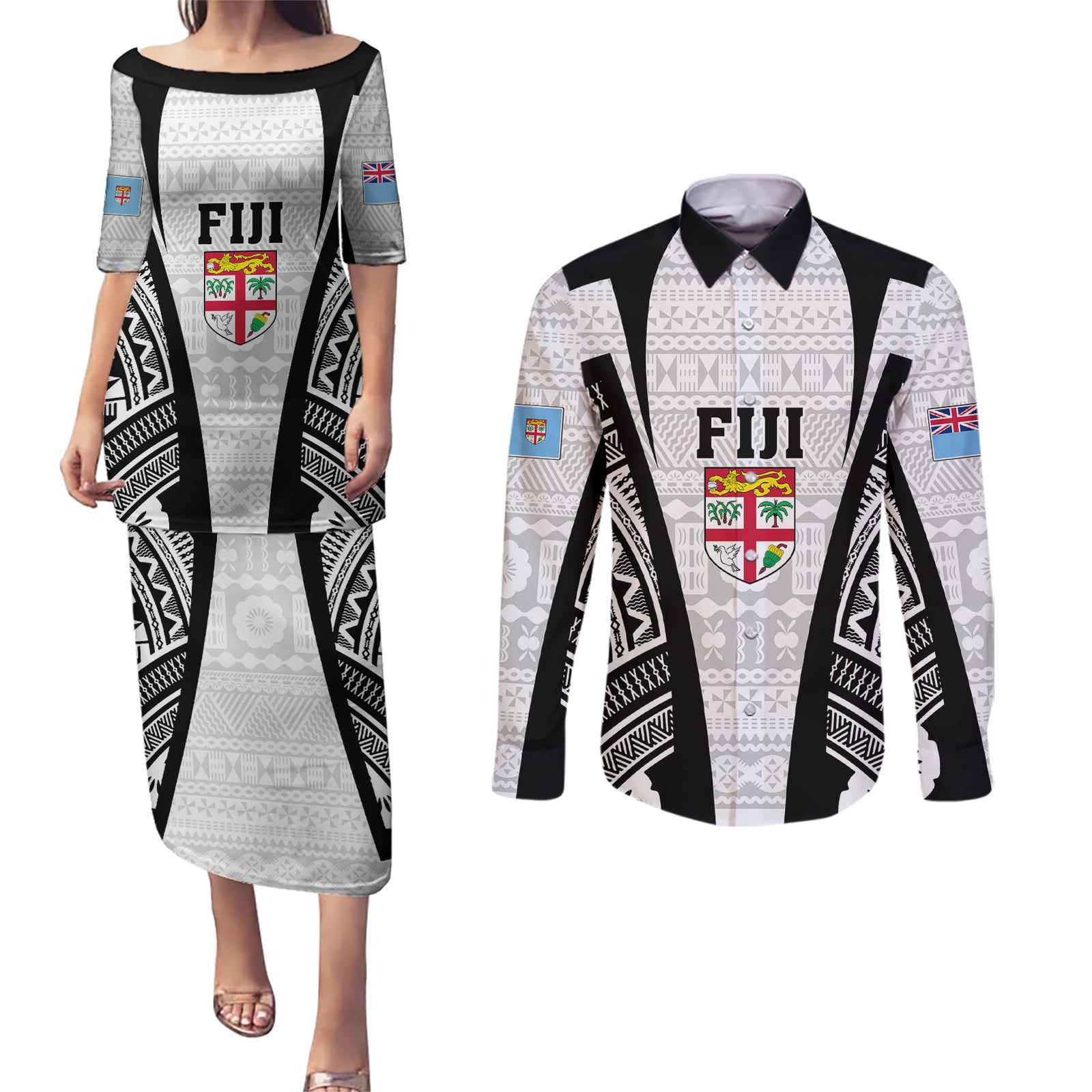 Personalised Fiji Rugby Couples Matching Puletasi Dress and Long Sleeve Button Shirts 2023 World Cup History Makers - White Ver LT7 White - Polynesian Pride