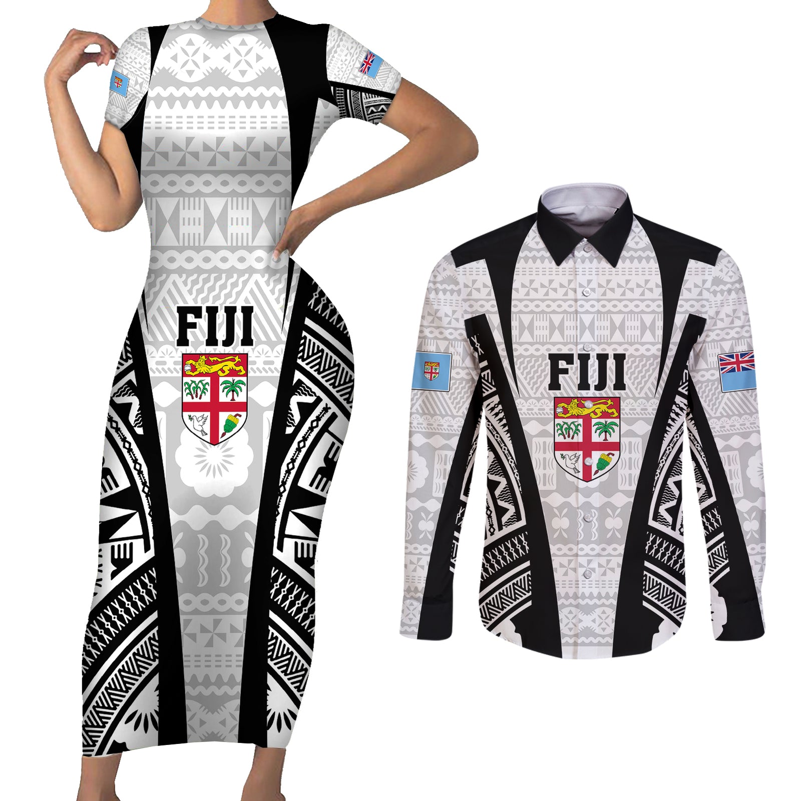 Personalised Fiji Rugby Couples Matching Short Sleeve Bodycon Dress and Long Sleeve Button Shirts 2023 World Cup History Makers - White Ver LT7 White - Polynesian Pride