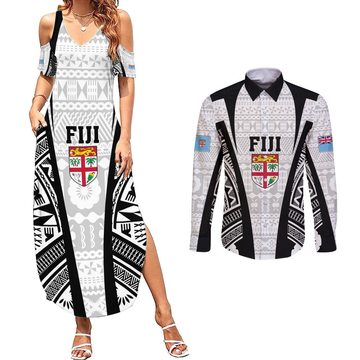 Personalised Fiji Rugby Couples Matching Summer Maxi Dress and Long Sleeve Button Shirts 2023 World Cup History Makers - White Ver LT7 White - Polynesian Pride