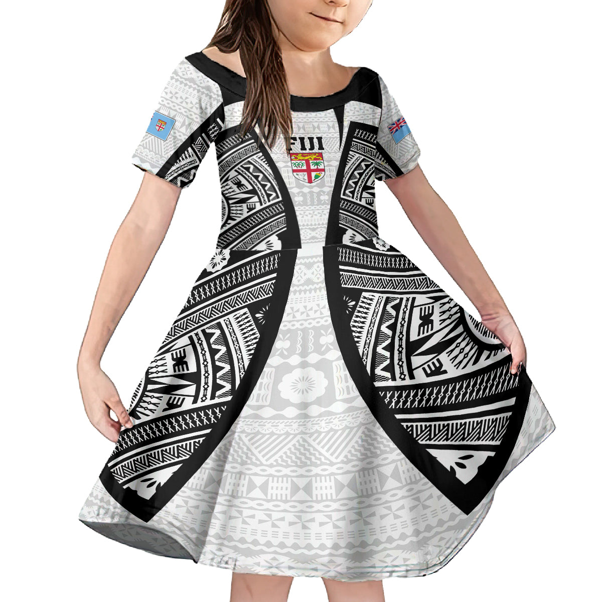 personalised-fiji-rugby-kid-short-sleeve-dress-2023-world-cup-history-makers-white-ver