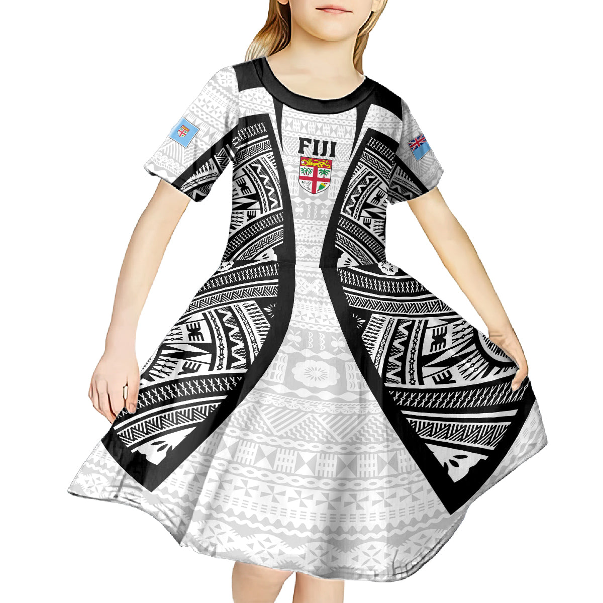 personalised-fiji-rugby-kid-short-sleeve-dress-2023-world-cup-history-makers-white-ver