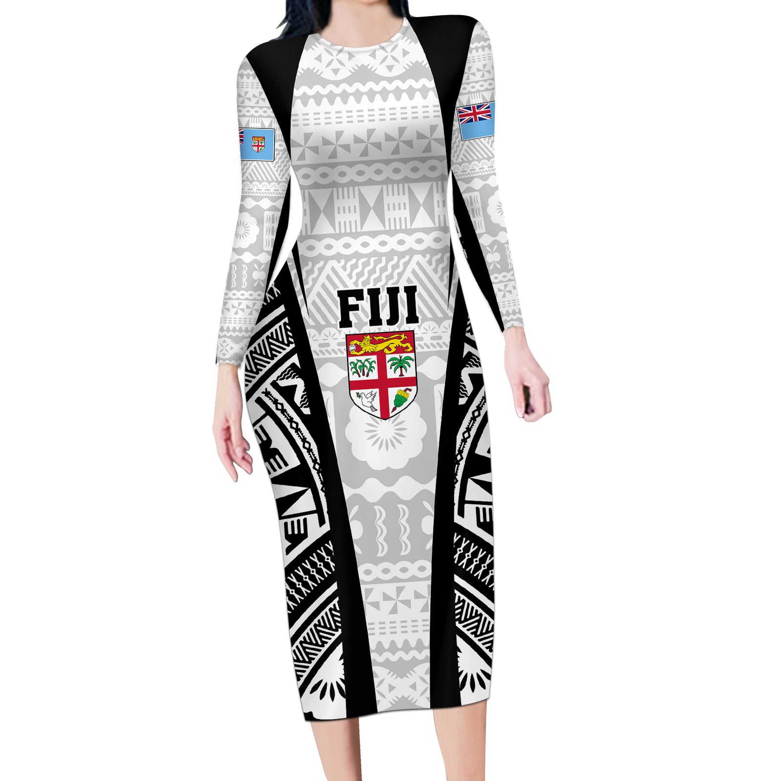 Personalised Fiji Rugby Long Sleeve Bodycon Dress 2023 World Cup History Makers - White Ver LT7 Long Dress White - Polynesian Pride