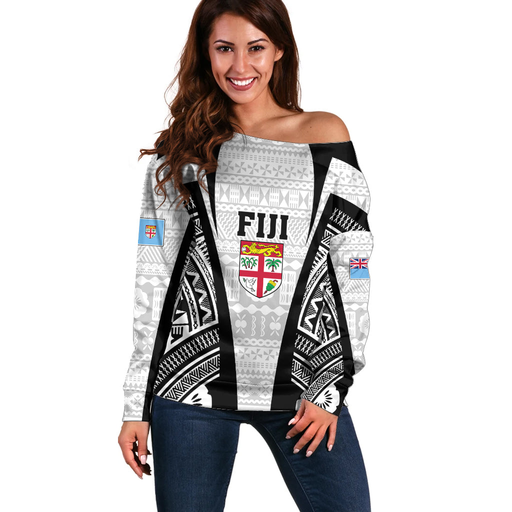 Personalised Fiji Rugby Off Shoulder Sweater 2023 World Cup History Makers - White Ver LT7 Women White - Polynesian Pride