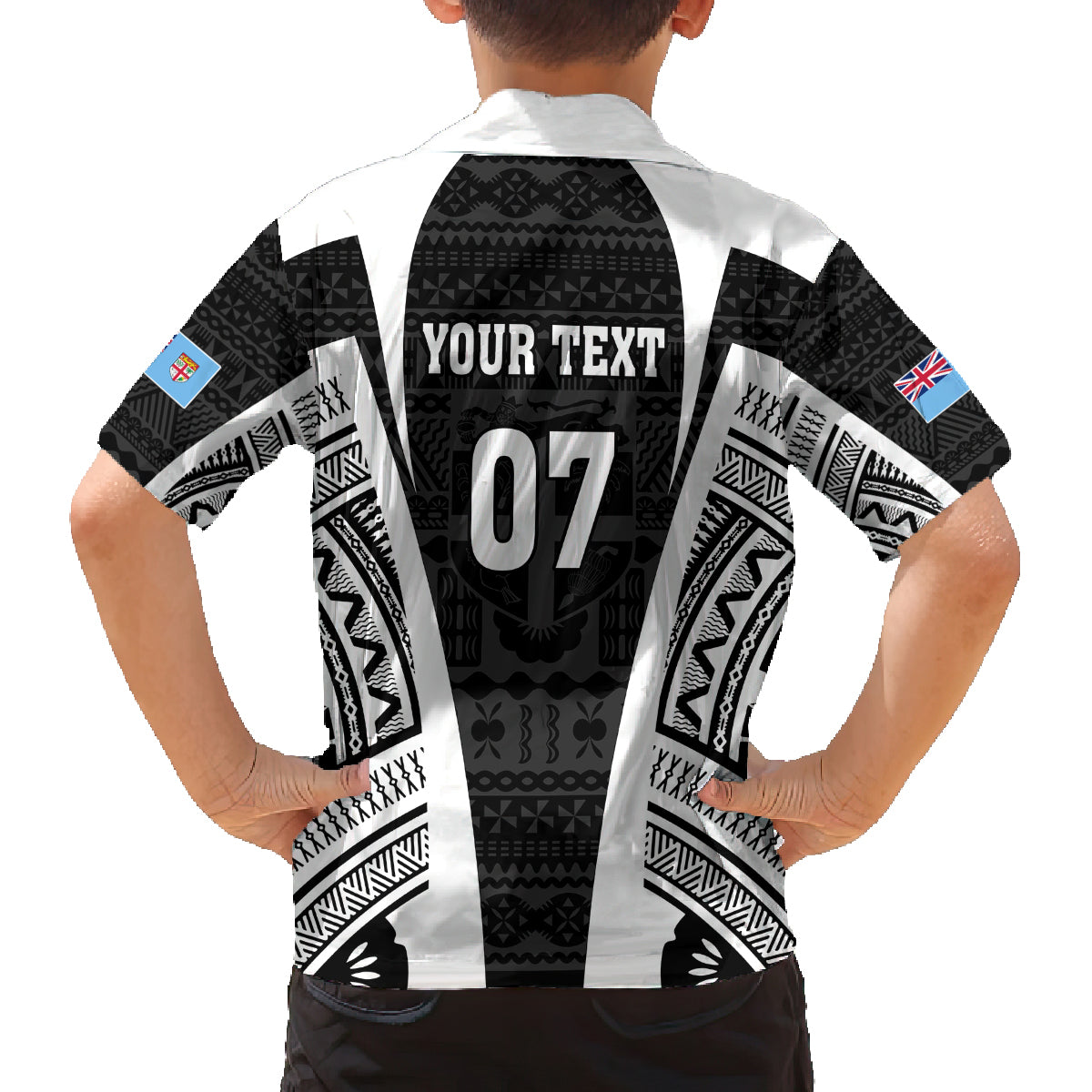 personalised-fiji-rugby-family-matching-off-shoulder-long-sleeve-dress-and-hawaiian-shirt-2023-world-cup-history-makers-black-ver