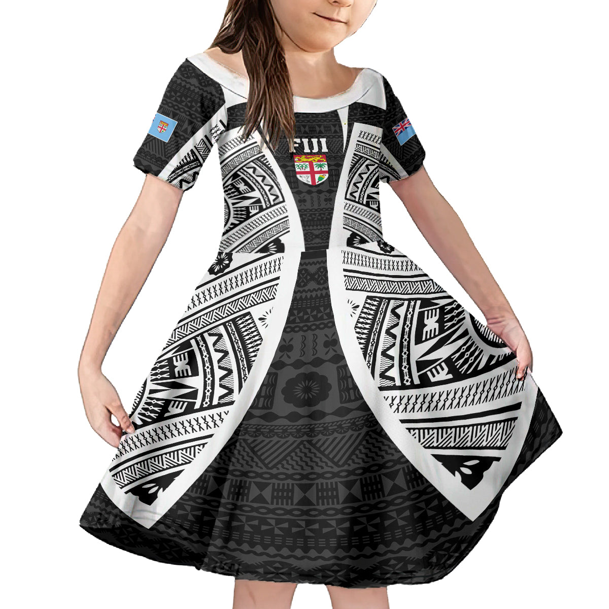 personalised-fiji-rugby-kid-short-sleeve-dress-2023-world-cup-history-makers-black-ver
