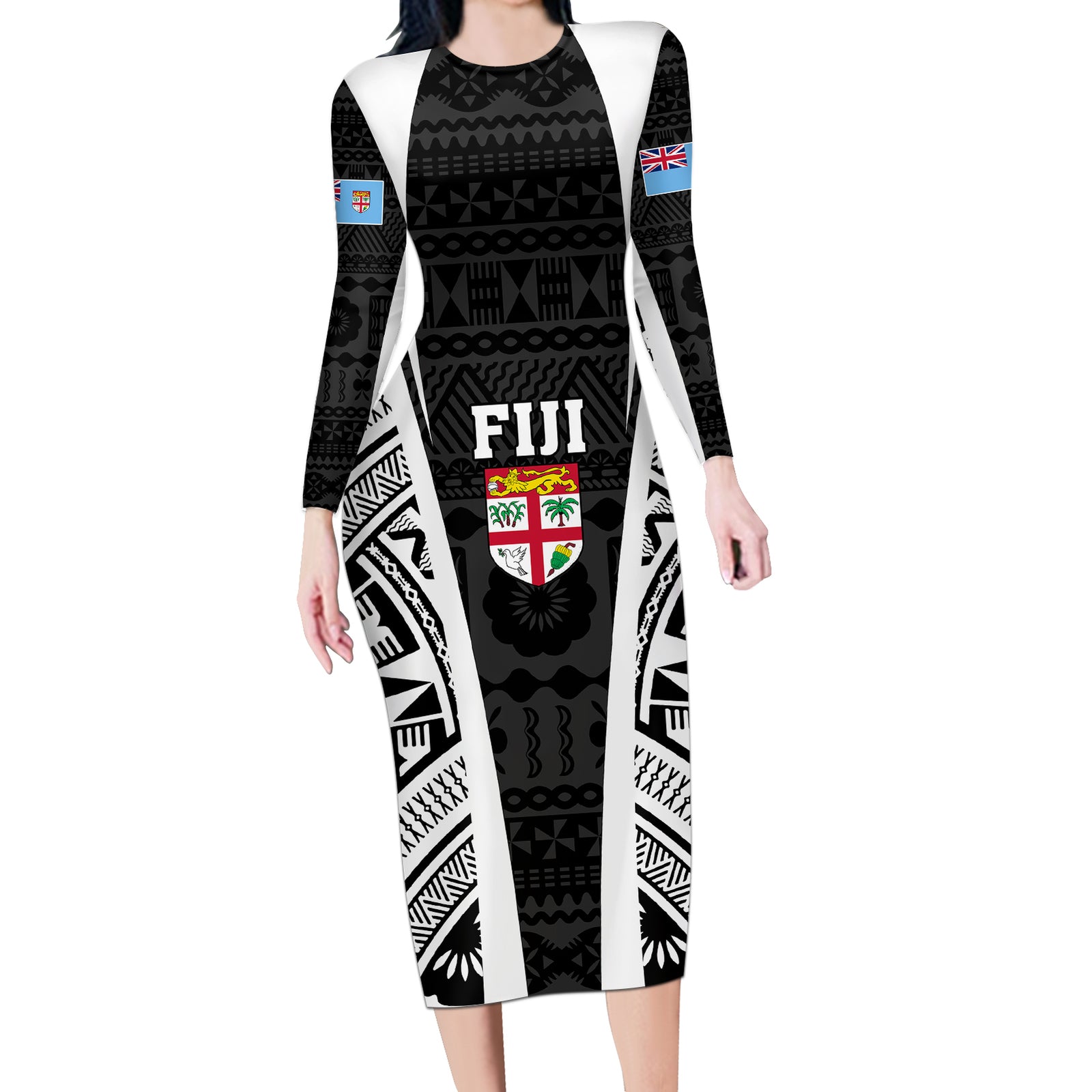 Personalised Fiji Rugby Long Sleeve Bodycon Dress 2023 World Cup History Makers - Black Ver LT7 Long Dress Black - Polynesian Pride