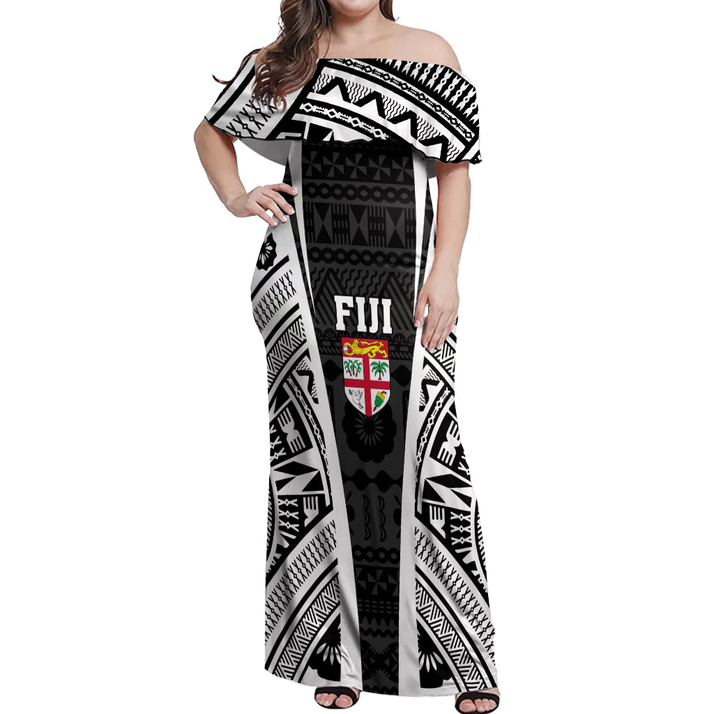 Personalised Fiji Rugby Off Shoulder Maxi Dress 2023 World Cup History Makers - Black Ver LT7 Women Black - Polynesian Pride