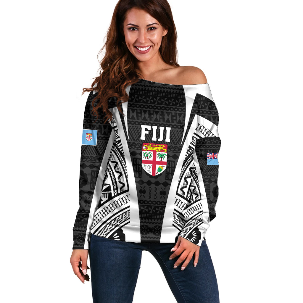 Personalised Fiji Rugby Off Shoulder Sweater 2023 World Cup History Makers - Black Ver LT7 Women Black - Polynesian Pride