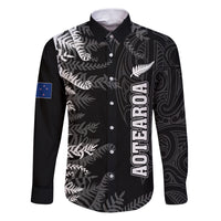 Personalised New Zealand Rugby Family Matching Puletasi Dress and Hawaiian Shirt Silver Fern Basic 2023 World Cup LT7 Dad's Shirt - Long Sleeve Black - Polynesian Pride