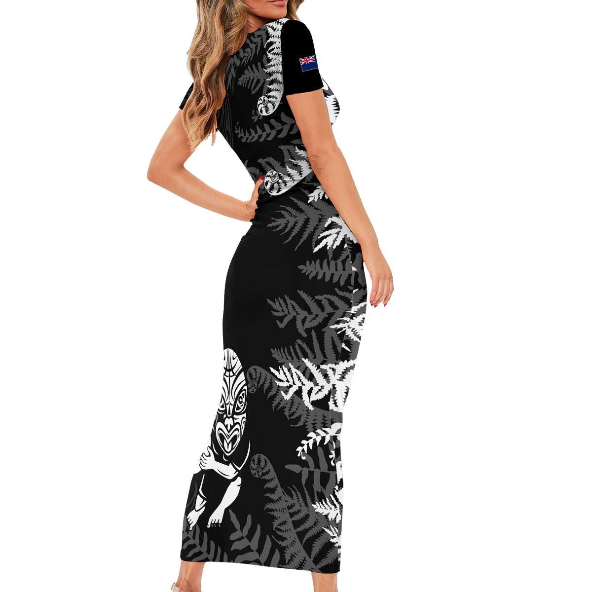 personalised-new-zealand-rugby-short-sleeve-bodycon-dress-silver-fern-basic-2023-world-cup