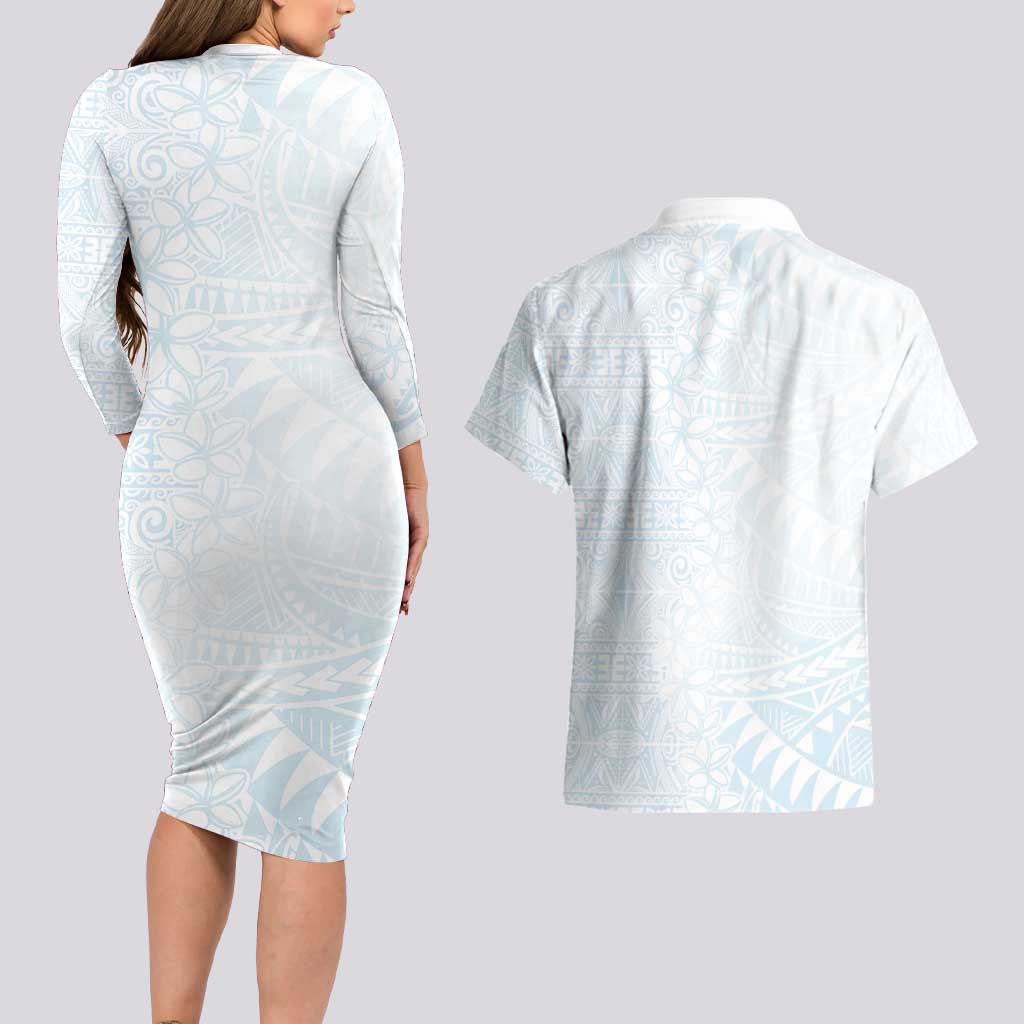 White Sunday Couples Matching Long Sleeve Bodycon Dress and Hawaiian Shirt Plumeria Tatau Mix Tapa