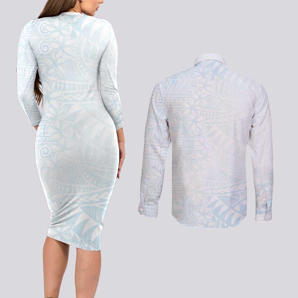 White Sunday Couples Matching Long Sleeve Bodycon Dress and Long Sleeve Button Shirt Plumeria Tatau Mix Tapa