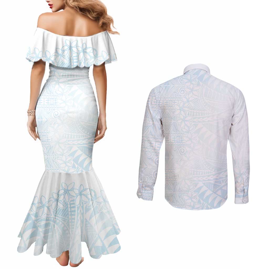 White Sunday Couples Matching Mermaid Dress and Long Sleeve Button Shirt Plumeria Tatau Mix Tapa