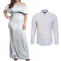 White Sunday Couples Matching Off Shoulder Maxi Dress and Long Sleeve Button Shirt Plumeria Tatau Mix Tapa
