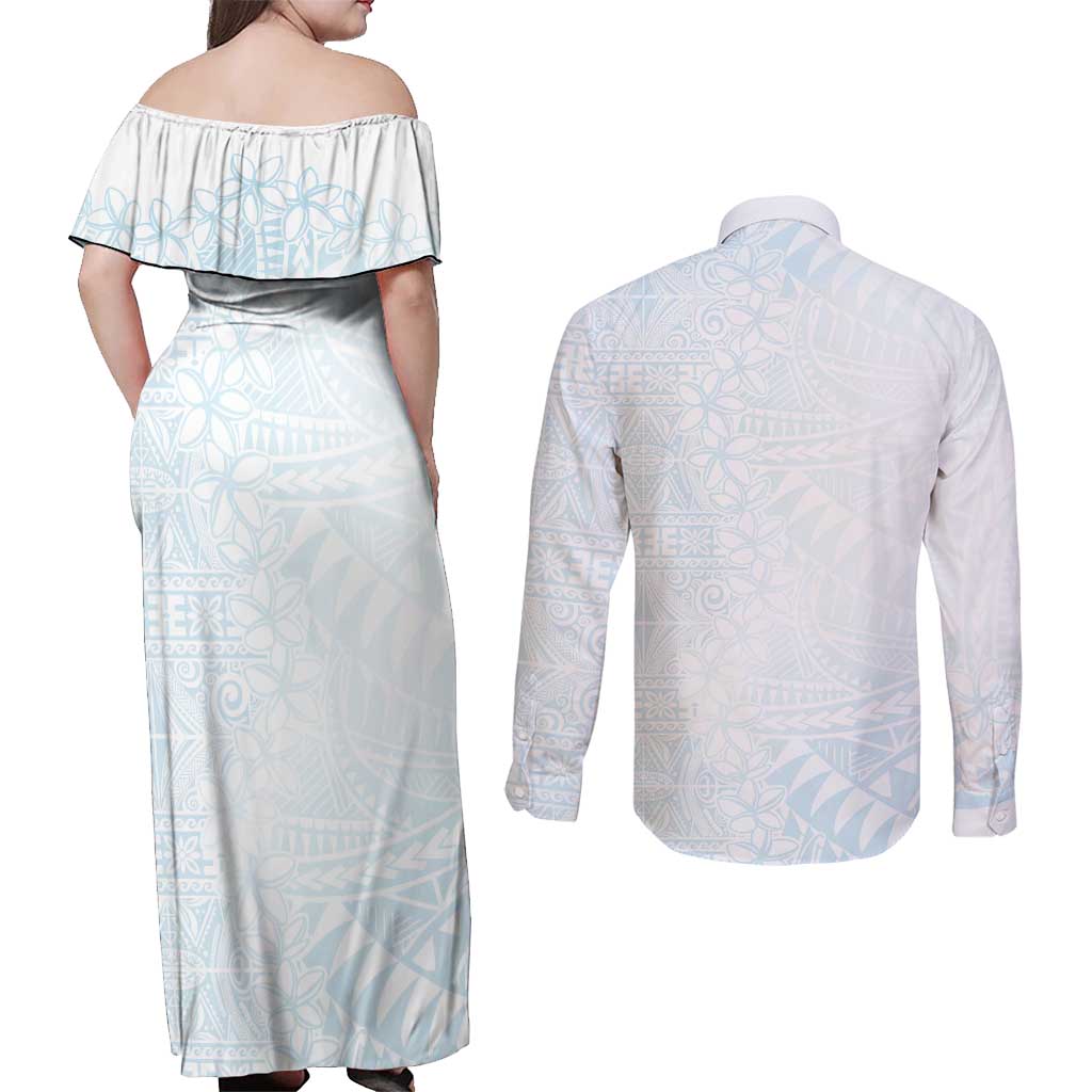 White Sunday Couples Matching Off Shoulder Maxi Dress and Long Sleeve Button Shirt Plumeria Tatau Mix Tapa