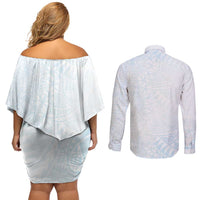 White Sunday Couples Matching Off Shoulder Short Dress and Long Sleeve Button Shirt Plumeria Tatau Mix Tapa