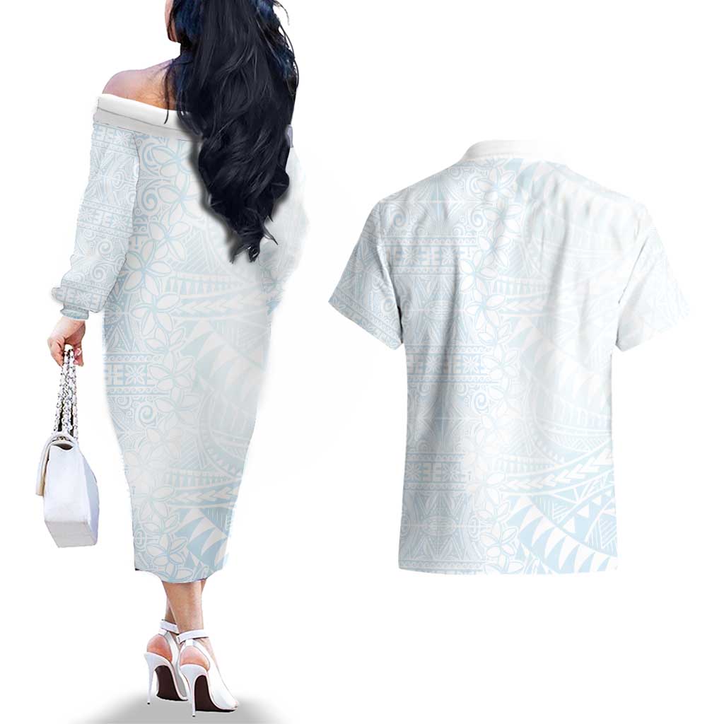 White Sunday Couples Matching Off The Shoulder Long Sleeve Dress and Hawaiian Shirt Plumeria Tatau Mix Tapa