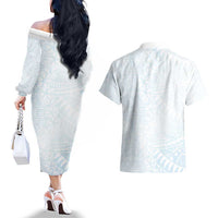 White Sunday Couples Matching Off The Shoulder Long Sleeve Dress and Hawaiian Shirt Plumeria Tatau Mix Tapa