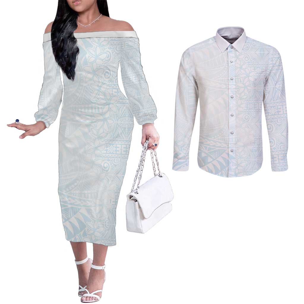 White Sunday Couples Matching Off The Shoulder Long Sleeve Dress and Long Sleeve Button Shirt Plumeria Tatau Mix Tapa