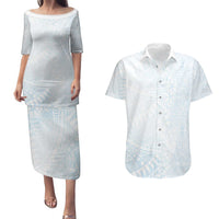 White Sunday Couples Matching Puletasi and Hawaiian Shirt Plumeria Tatau Mix Tapa