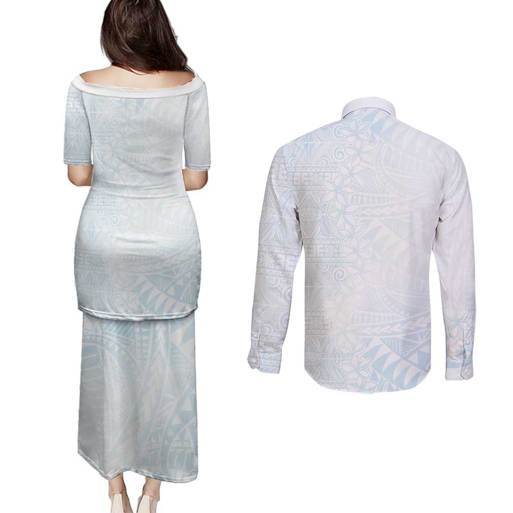White Sunday Couples Matching Puletasi and Long Sleeve Button Shirt Plumeria Tatau Mix Tapa