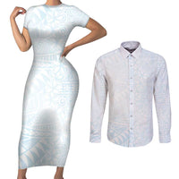 White Sunday Couples Matching Short Sleeve Bodycon Dress and Long Sleeve Button Shirt Plumeria Tatau Mix Tapa