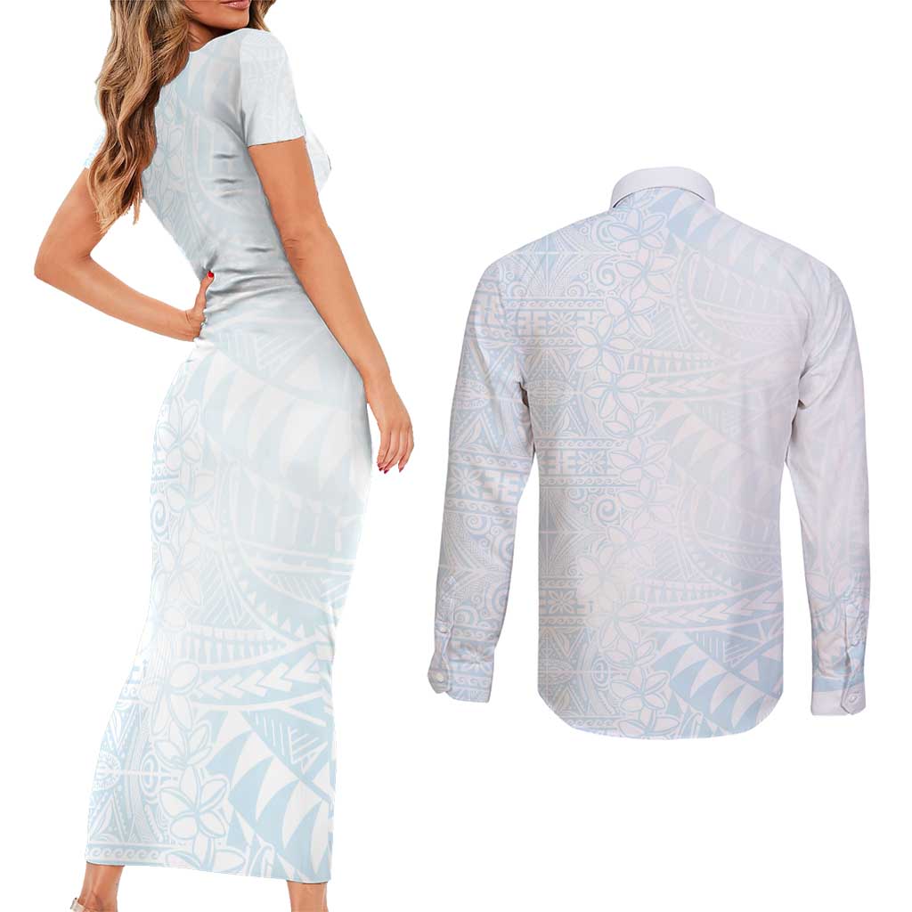 White Sunday Couples Matching Short Sleeve Bodycon Dress and Long Sleeve Button Shirt Plumeria Tatau Mix Tapa