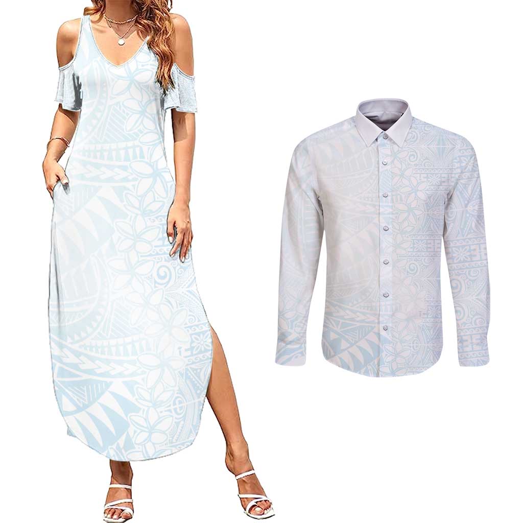 White Sunday Couples Matching Summer Maxi Dress and Long Sleeve Button Shirt Plumeria Tatau Mix Tapa