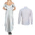 White Sunday Couples Matching Summer Maxi Dress and Long Sleeve Button Shirt Plumeria Tatau Mix Tapa