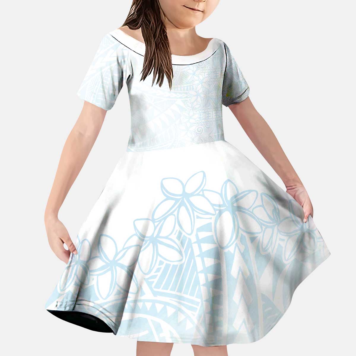 White Sunday Kid Short Sleeve Dress Plumeria Tatau Mix Tapa LT7 KID White - Polynesian Pride