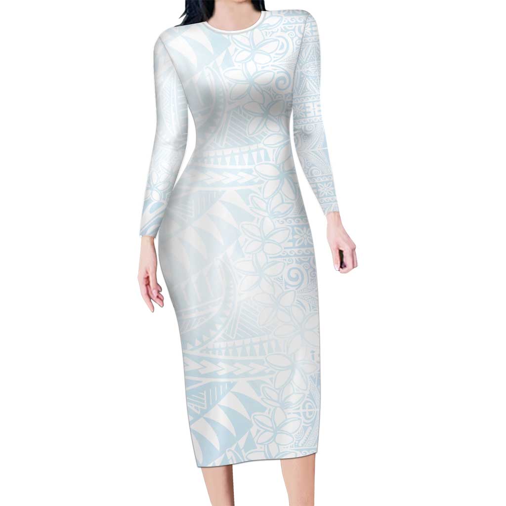 White Sunday Long Sleeve Bodycon Dress Plumeria Tatau Mix Tapa LT7 Long Dress White - Polynesian Pride