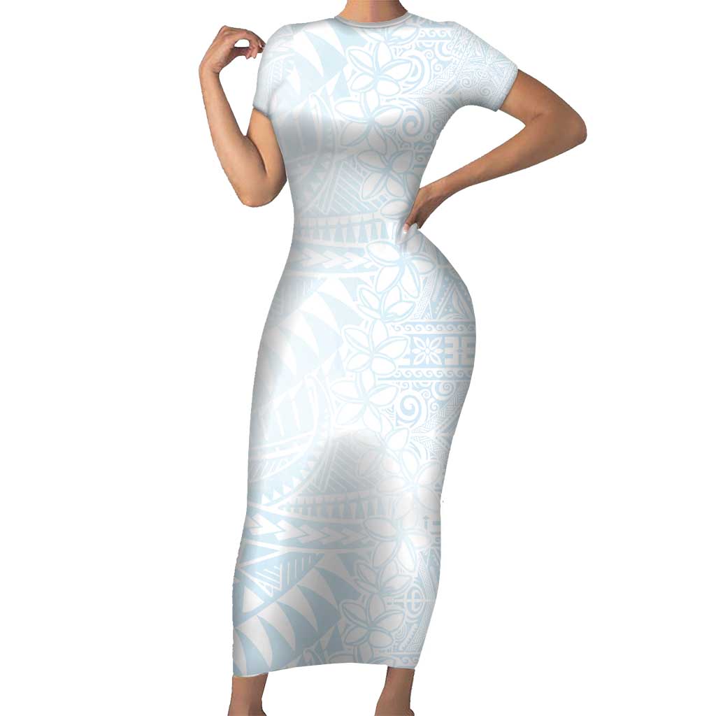 White Sunday Short Sleeve Bodycon Dress Plumeria Tatau Mix Tapa LT7 Long Dress White - Polynesian Pride