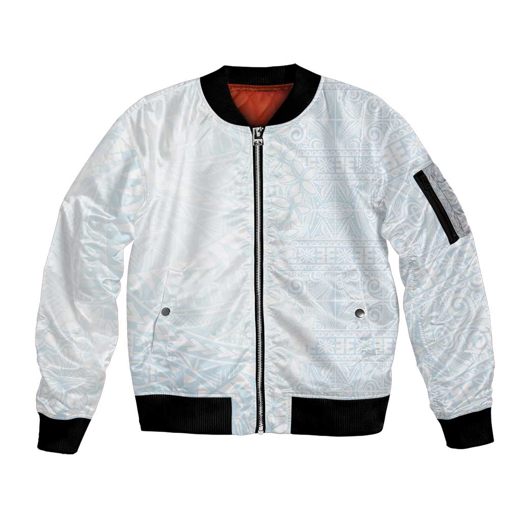 White Sunday Sleeve Zip Bomber Jacket Plumeria Tatau Mix Tapa LT7 Unisex White - Polynesian Pride