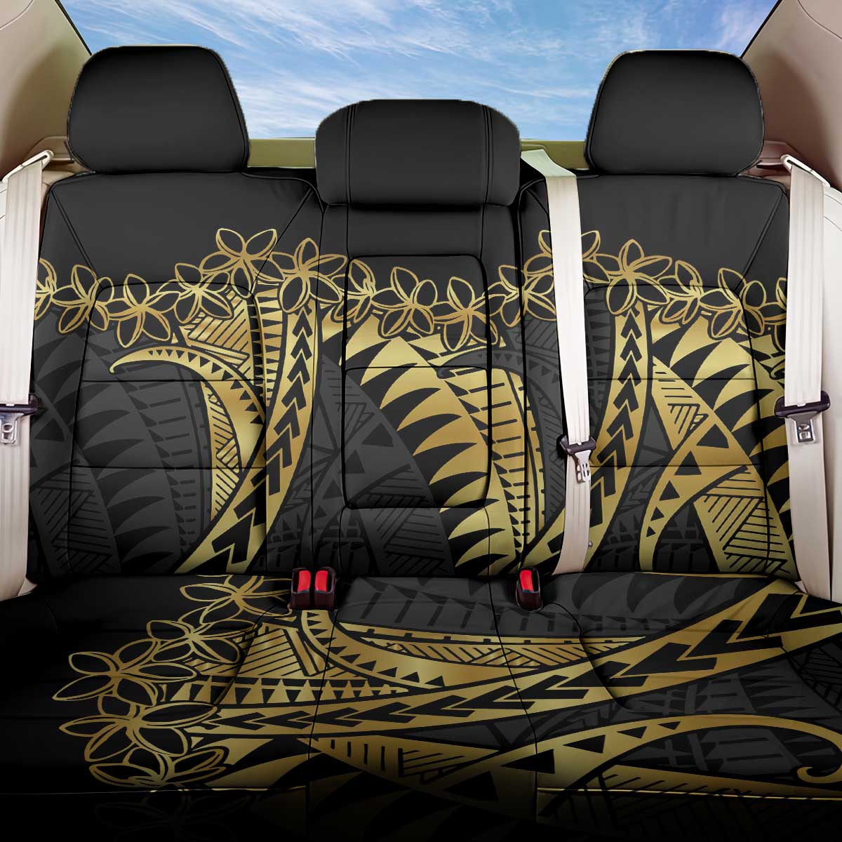 Polynesia Back Car Seat Cover Black & Gold Fancy Plumeria LT7 One Size Black Gold - Polynesian Pride