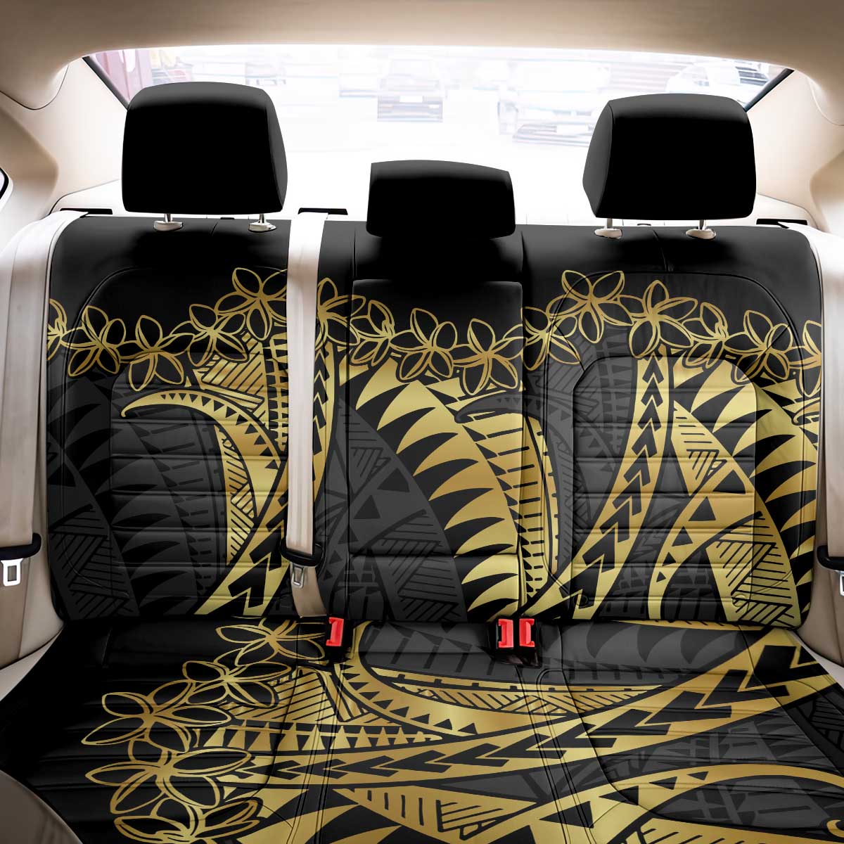Polynesia Back Car Seat Cover Black & Gold Fancy Plumeria LT7 - Polynesian Pride