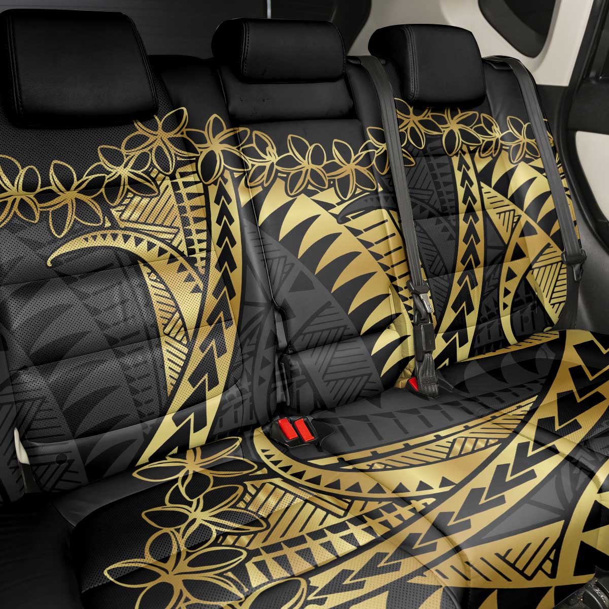 Polynesia Back Car Seat Cover Black & Gold Fancy Plumeria LT7 - Polynesian Pride