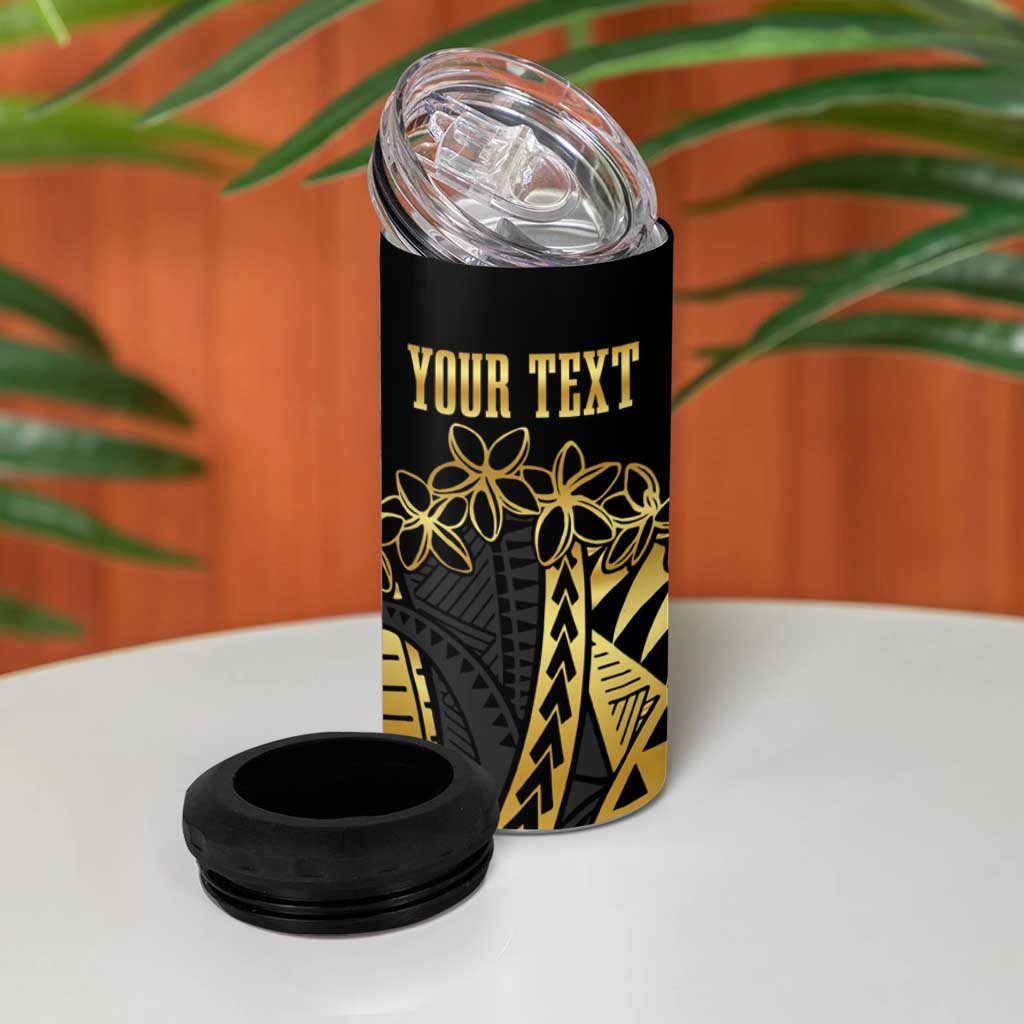 Polynesia Personalised 4 in 1 Can Cooler Tumbler Black & Gold Fancy Plumeria