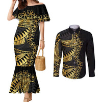 Polynesia Couples Matching Mermaid Dress and Long Sleeve Button Shirt Black & Gold Fancy Plumeria