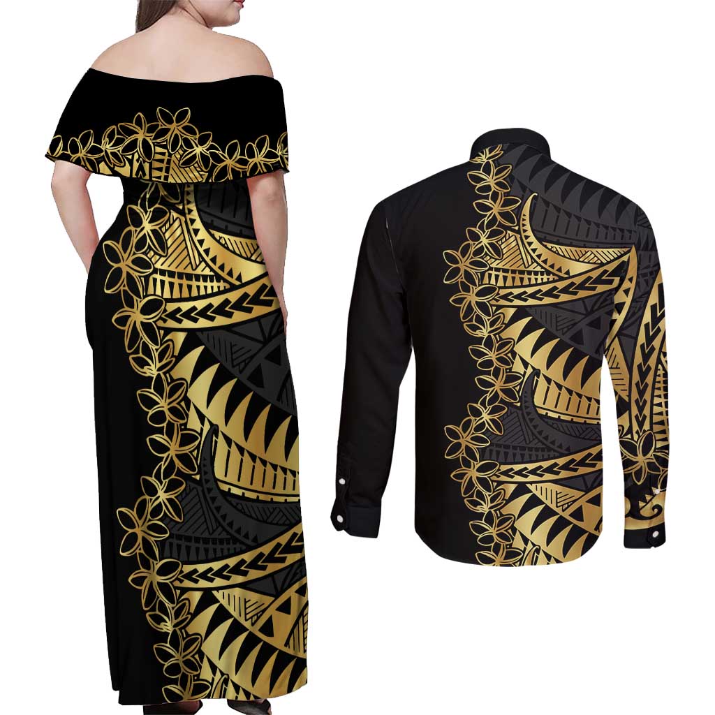 Polynesia Couples Matching Off Shoulder Maxi Dress and Long Sleeve Button Shirt Black & Gold Fancy Plumeria