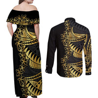 Polynesia Couples Matching Off Shoulder Maxi Dress and Long Sleeve Button Shirt Black & Gold Fancy Plumeria