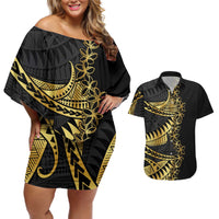 Polynesia Couples Matching Off Shoulder Short Dress and Hawaiian Shirt Black & Gold Fancy Plumeria