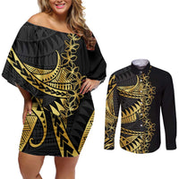 Polynesia Couples Matching Off Shoulder Short Dress and Long Sleeve Button Shirt Black & Gold Fancy Plumeria