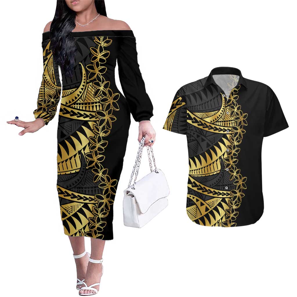 Polynesia Couples Matching Off The Shoulder Long Sleeve Dress and Hawaiian Shirt Black & Gold Fancy Plumeria LT7 Black Gold - Polynesian Pride